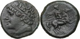 Sicily. Syracuse. Hieron II (274-216 BC). AE 28 mm. Head left, diademed. / Horseman right, holding spear; below horse, N. CNS II 195; HGC 2 1548. AE. ...
