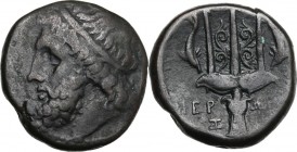 Sicily. Syracuse. Hieron II (274-216 BC). AE 21 mm. Head of Poseidon left, diademed. / Ornamented trident flanked by dolphins. CNS II 197. AE. 8.10 g....