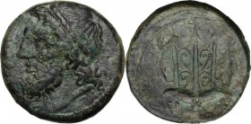 Sicily. Syracuse. Hieron II (274-216 BC). AE 22 mm. Head of Poseidon left, diademed. / Ornamented trident flanked by dolphins. CNS II 197. AE. 7.91 g....