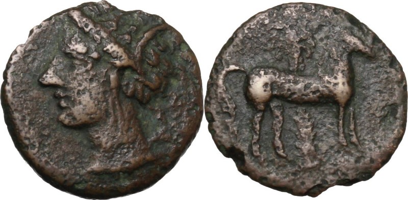 Punic Sicily. AE 16 mm, circa 400-350 BC. Head of Tanit left, wearing wreath of ...