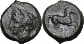 Punic Sicily. AE Unit, 3rd century BC. Head of Persephone-Tanit left, wreathed in grain, wearing hoop earring. / Horse galloping right. CNS I 6/8; HGC...
