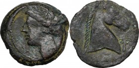 Punic Sardinia. AE 19 mm, 300-264 BC. Head of Tanit left, wearing wreath. / Head of horse right; to right, small palm tree. SNG Cop. 173. AE. 4.52 g. ...