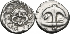 Continental Greece. Thrace, Apollonia Pontika. AR Drachm. Mid-late 4th century BC. Facing gorgoneion within incuse circle. / Anchor; crayfish and A fl...