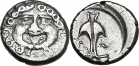 Continental Greece. Thrace, Apollonia Pontika. AR Drachm. Mid-late 4th century BC. Facing gorgoneion; spiral ornament below. / Upright anchor; A and c...
