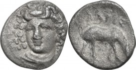 Continental Greece. Thessaly, Larissa. Pseudo-autonomous issue, 1st century BC. AR Obol, circa 395-343 BC. Head of nymph Larissa three-quarters left. ...