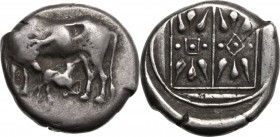 Continental Greece. Corcyra, Corcyra. AR Stater, 433-360 BC. Cow standing left, suckling calf, head turned to it. / Double stellate pattern. HGC 6 34....