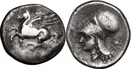 Continental Greece. Corinthia, Corinth. AR Stater, 386-307 BC. Pegasus flying left. / Head of Athena left, wearing Corinthian helmet decorated with wr...