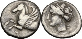 Continental Greece. Corinthia, Corinth. AR Hemidrachm, 150-120 BC. Forepart of Pegasus left. / Head of nymph Peirene left, wearing wreath. SNG Cop. 11...