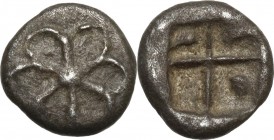 Greek Asia. Uncertain mint. Western Asia Minor(?). AR Obol, 5th century BC. Flower with six petals around central pellet. / Quadripartite incuse. Appa...