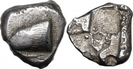 Greek Asia. Paphlagonia, Sinope. AR Stater, 490-425 BC. Head of sea-eagle left; below, dolphin. / Two incuse squares with pellets at the touchung corn...