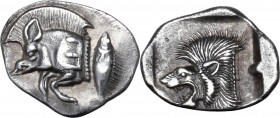 Greek Asia. Mysia, Kyzikos. AR Obol, 450-400 BC. Forepart of boar left; behind, tuna. / Head of lion left, within incuse square. Von Fritze II, 9; SNG...