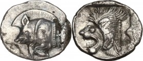 Greek Asia. Mysia, Kyzikos. AR Obol, c. 450-400 BC. Forepart of boar left; to right, tunny upward. / Head of lion left within incuse square. Von Fritz...