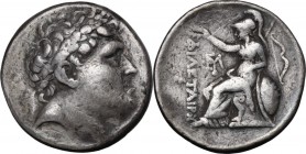 Greek Asia. Kings of Pergamon. Eumenes II (197-159 BC). AR Tetradrachm. Laureate head of Philetairos right. / Athena enthroned left, holding wreath, l...