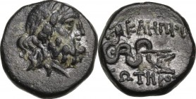 Greek Asia. Mysia, Pergamon. AE 12 mm, c. 133-27 BC. Laureate head of Asklepios right. / Serpent-entwined staff; monogram in inner left field. Cf. SNG...