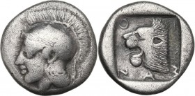 Greek Asia. Troas, Assos. AR Triobol or Hemidrachm, c. 450-400 BC. Helmeted head of Athena left. / Head of lion left; Α-ΣΣΙ-Ο-N retrograde around; all...