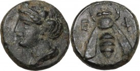 Greek Asia. Ionia, Ephesos. AE 10 mm. c. 375 BC. Female head left. / Bee. SNG Cop. 256; SNG von Aulock 1839. AE. 1.59 g. 10.00 mm. Green patina VF.