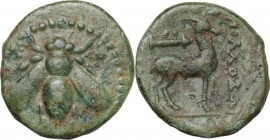 Greek Asia. Ionia, Ephesos. AE 16 mm, c. 200 BC, Apollodoros magistrate. Bee. / Stag standing right; quiver above. BMC 40. AE. 3.33 g. 16.00 mm. Green...