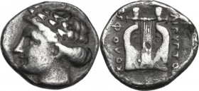 Greek Asia. Ionia, Kolophon. AR Diobol, circa 389-350 BC. Λιγυπτος, magistrate. Laureate head of Apollo left. / Lyre. SNG von Aulock 2006; Mamroth, Br...