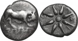 Greek Asia. Ionia, Magnesia ad Maeandrum. AR Hemiobol, circa 400-350 BC. Bull butting right on maeander pattern. / Star. SNG Cop. -; SNG Kayhan 397 (“...