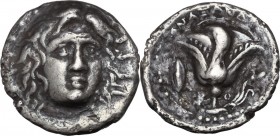 Greek Asia. Islands off Caria, Rhodes. AR Didrachm, circa 229-205 BC. Anaxandros, magistrate. Radiate head of Helios facing slightly right. / Rose wit...