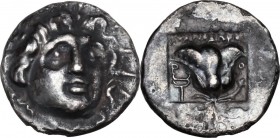 Greek Asia. Islands off Caria, Rhodes. AR Hemidrachm, c. 170-150 BC. ‘Plinthophoric’ coinage. Athanodoros, magistrate. Radiate head of Helios facing s...