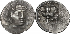 Greek Asia. Islands off Caria, Rhodes. AR Hemidrachm, c. 170-150 BC. ‘Plinthophoric’ coinage. Radiate head of Helios right. / Rose with bud to right; ...