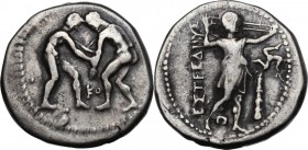 Greek Asia. Pamphylia, Aspendos. AR Stater, circa 330/05-300/250 BC. Two wrestlers grappling; KO between them. / Slinger in throwing stance right; to ...
