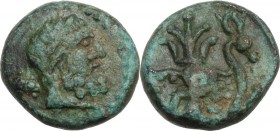 Greek Asia. Pisidia, Selge. AE 13.5 mm. 2nd-1st century BC. Head of Herakles right. / Thunderbolt; to right, bow ending with stag's head. SNG Cop. 263...