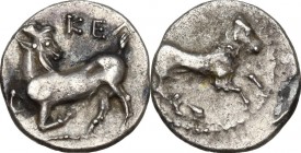Greek Asia. Cilicia, Kelenderis. AR Obol, c. 425-400 BC. Horse prancing right. / Goat crouching left, looking backwards. SNG von Aulock 5643; SNG BnF ...