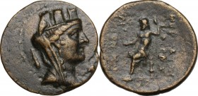 Greek Asia. Cilicia, Mopsos. AE 25 mm. 164-27 BC. Turreted, veiled and draped bust of Tyche right; club behind. / Zeus Nikephoros seated left. Cf. SNG...