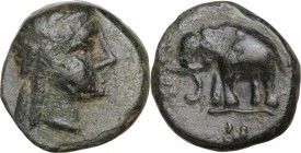 Greek Asia. Syria, Seleucid Kings. Antiochos III Megas (222-187 BC). AE 10 mm, Sardes mint, c. 222-187. Laureate head of Apollo right. / Elephant stan...