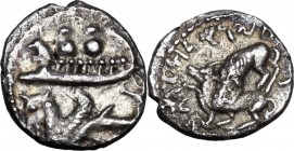 Greek Asia. Phoenicia, Byblos. AR 1/16 Shekel, 350-326 BC. Ship with lion-head prow left, containint two soldiers; below, hippocamp left. / Lion devou...