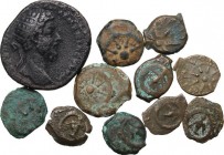Greek Asia. Judaea. Lot of 11 coins: 10 prutah and 1 Roman Imperial dupondius. AE.