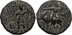Greek Asia. India, Kushan Empire. Vasudeva I (191-232). AE Tetradrachm. King standing left, on shoulder flames, sacrificing over altar and holding tri...