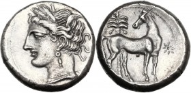 Africa. Zeugitania, Carthage. AR Shekel, c. 300 BC. Head of Tanit left, wearing wreath. / Horse standing right, head left; behind, palm tree; before, ...