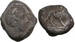 Anonymous. AE Double litra, 275-270 BC, Neapolis mint. Female head right. / Lion walking right, holding spear in mouth. Cr. 16/1. AE. 10.52 g. 21.00 m...