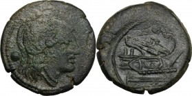 L (first heavy) series. AE Uncia, 214-212 BC, Luceria mint. Head of Roma right, wearing Attic helmet; behind, pellet. / ROMA. Prow right; below [L and...