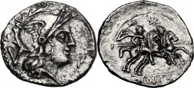 Anonymous. AR Quinarius, after 211 BC. Head of Roma right, helmeted; behind, V. / The Dioscuri galloping right; in exergue, ROMA. Cr. 47/1a. AR. 1.79 ...