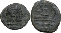 Anonymous sextantal series. AE Quadrans, after 211 BC. Head of Hercules right wearing lion skin; below, club. / Prow right. Cr. 56/6. AE. 7.80 g. 24.0...