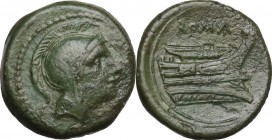 Anonymous (after 211 BC). AE Uncia. Helmeted head of Roma right, [pellet behind]. / Prow right, [pellet below], ROMA above. Cr. 56/7. AE. 2.00 g. 16.0...