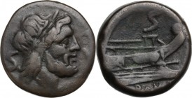 Anonymous. AE Semis, 211-208 BC, uncertain mint. Head of Saturn right, laureate. / Prow right. Cr. 110/3. AE. 14.33 g. 25.00 mm. About VF.