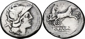 Anonymous. AR Denarius, 189-180 BC. Helmeted head of Roma right; behind, X. / Luna in prancing biga right; below, ROMA in linear frame. Cr. 140/1. AR....