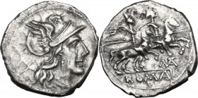 Matienus. AR Denarius, 179-170 BC. Helmeted head of Roma right; behind, X. / The Dioscuri galloping right; below horses, MAT ligate; in linear frame, ...