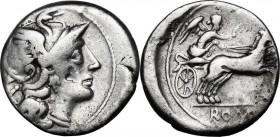 Anonymous. AR Denarius, circa 157-156 BC. Helmeted head of Roma right; behind, X. / Victory in biga right; holding reins in left hand and goad in righ...