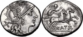 Pinarius Natta. AR Denarius, 149 BC. Head of Roma right, helmeted. / Victory in biga right, holding reins and whip. Cr. 208/1. AR. 3.52 g. 18.00 mm. E...