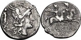 C. Terentius Lucanus. AR Denarius, 147 BC. Head of Roma right, helmeted; behind, X and small Victory. / The Dioscuri galloping right. Cr. 217/1; B. 10...