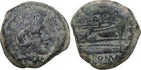 C. Terentius Lucanus. AE Quadrans, 147 BC. Head of Hercules right, wearing lion’s skin headdress; three pellets behind. / Prow of galley right; C. TER...