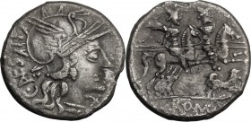 C. Antestius. AR Denarius, 146 BC. Head of Roma right, helmeted. / Dioscuri galloping right; below, dog. Cr. 219/1e. AR. 3.43 g. 18.00 mm. Lightly ton...