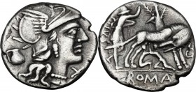 Sex. Pompeius Fostlus. AR Denarius, 137 BC. Helmeted head of Roma right; below chin, X; behind, jug. / SEX. PO FOSTLVS. She-wolf suckling twins; behin...