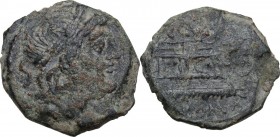 C. Curiatius f. Trigeminus. AE Semis, 135 BC. Laureate head of Saturn right; S behind. / Prow of galley right, on which Victory advances right, holdin...